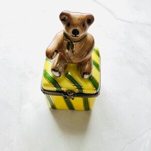 Limoges Yellow and Green Striped Trinket Box with Brown Bear Finial